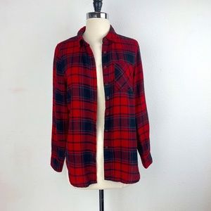 Pink Rose Red Flannel Plaid Shirt Boho Country Casual Long Sleeves Size Small
